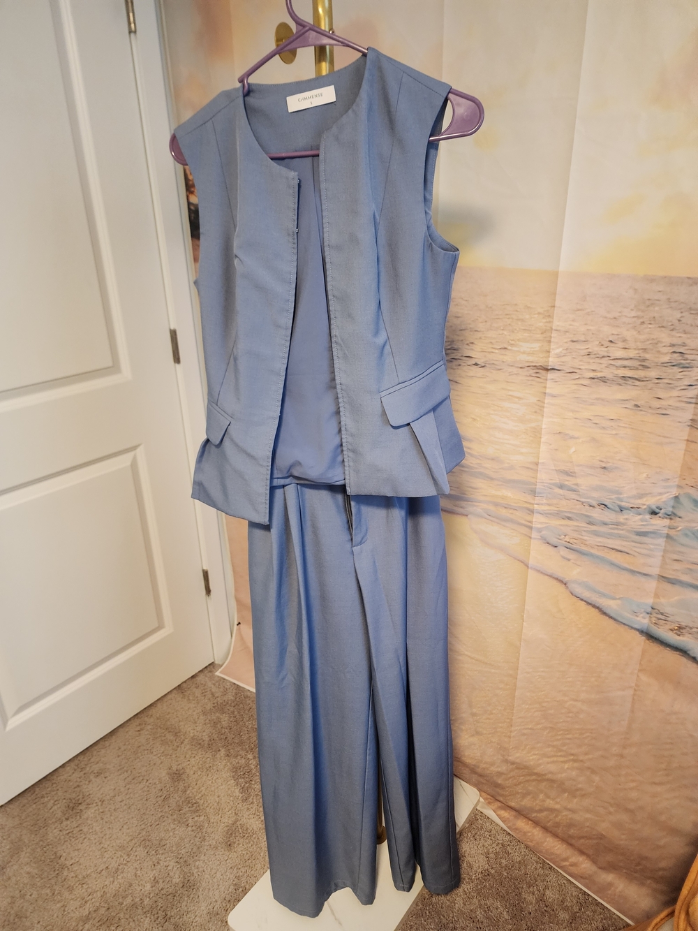 Commense Powder Blue Sleeveless Vest & Wide-Leg Pant Set